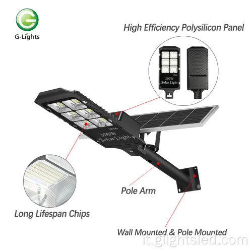 Lampione solare a led da esterno in alluminio 100w 300w